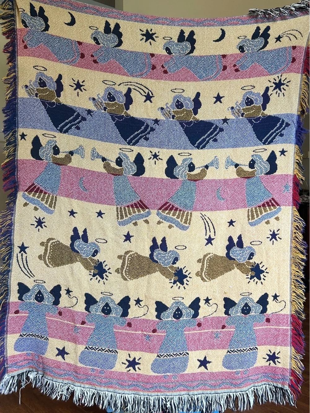 Reversible Angel Patterned Woven Throw Blanket with Fringe